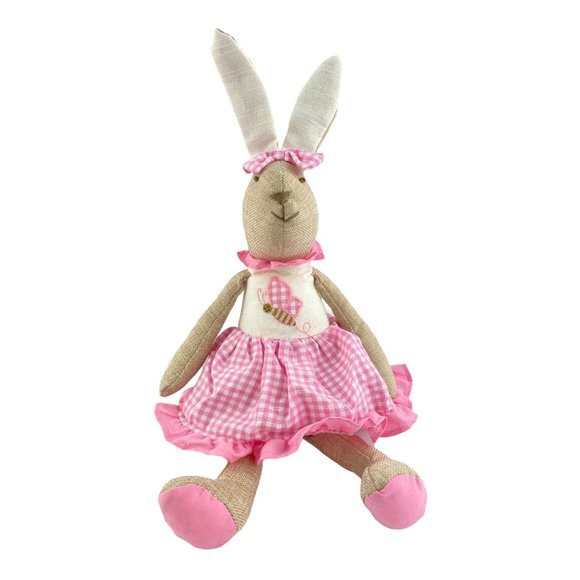 Easter Spring Bunny Rabbit Plush Stuffed Animal Home Decor Pink Check Dress 12" - Picture 1 of 8